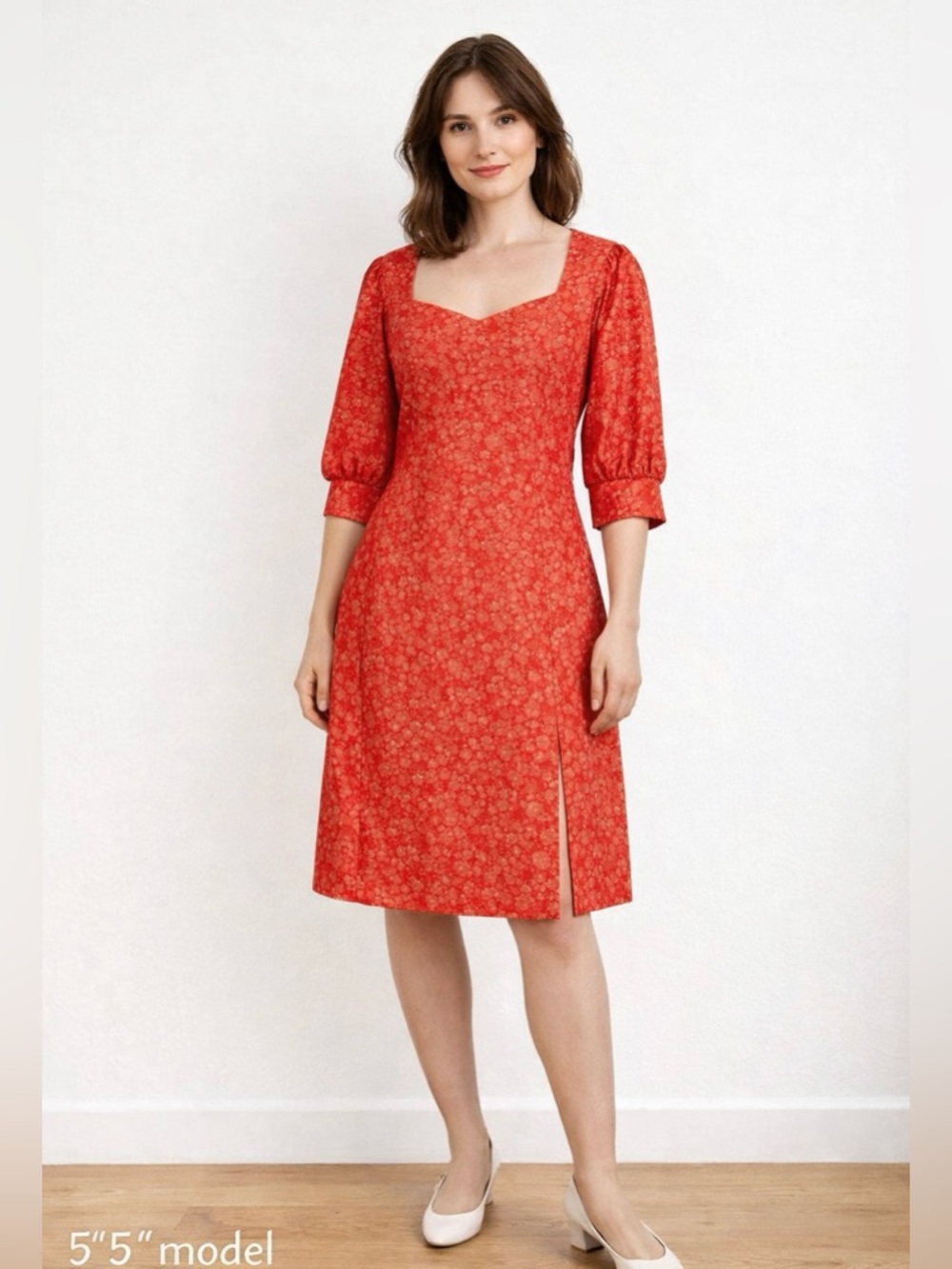 ICHI Ihkate DR13 Sample Dress Orange Floral Jacquard Puff Sleeve Fit & Flare NWT